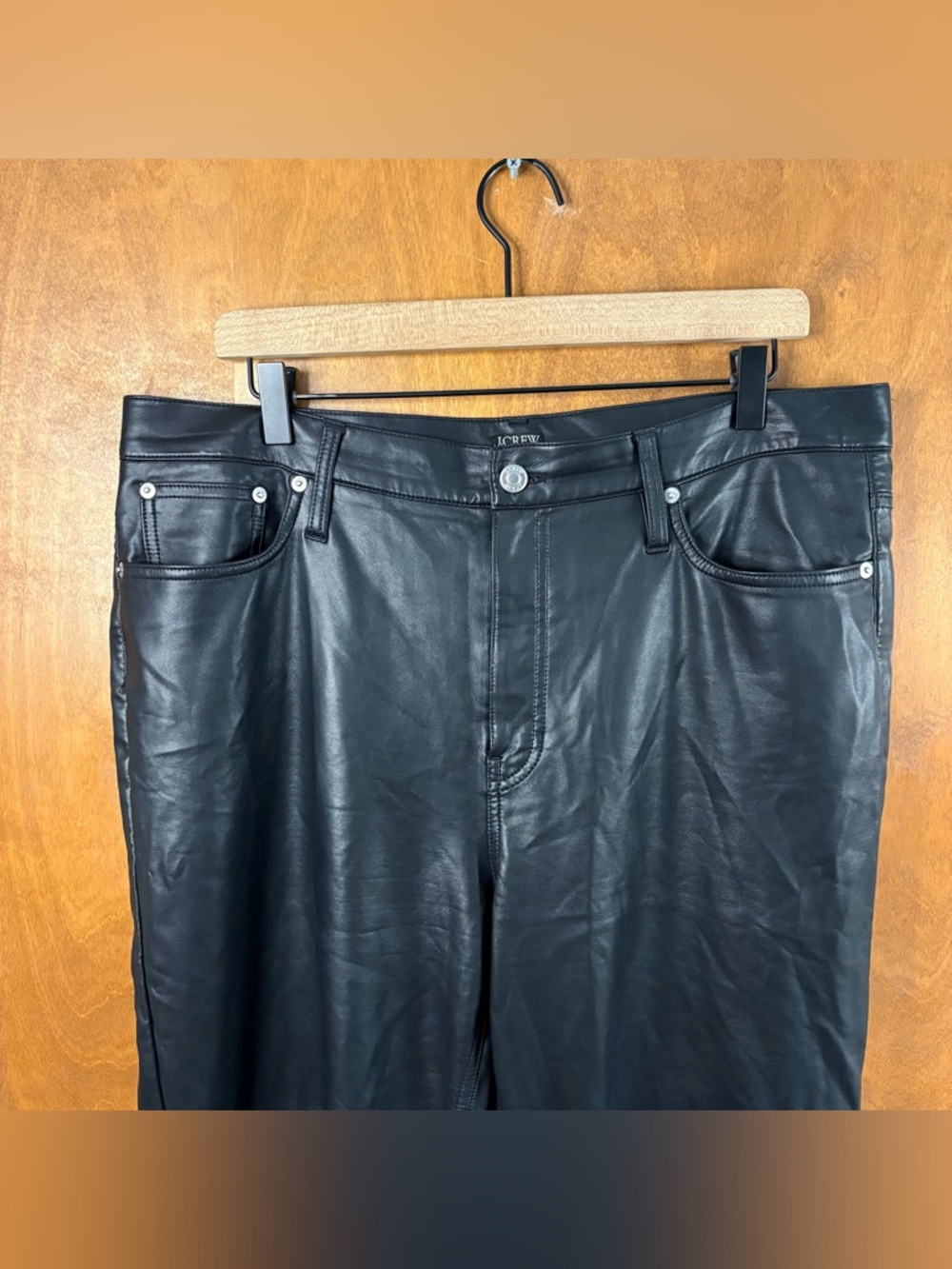 J. Crew Slim Wide Leg Black Faux Leather Pants High Rise 32 TALL Old Money Sleek - Picture 4 of 11